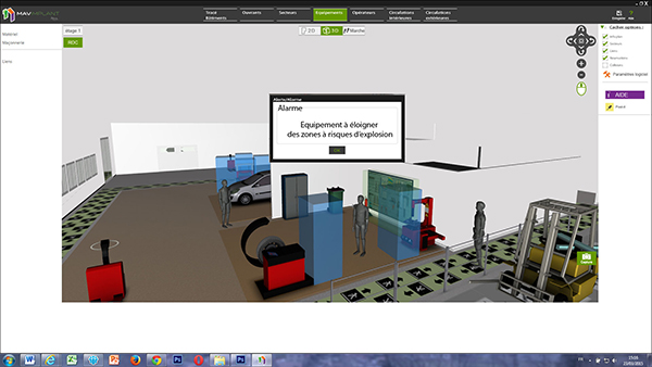 Vue  3D de l’intérieur d’un local ; le logiciel intègre des alertes permettant de guider l’utilisateur. 
