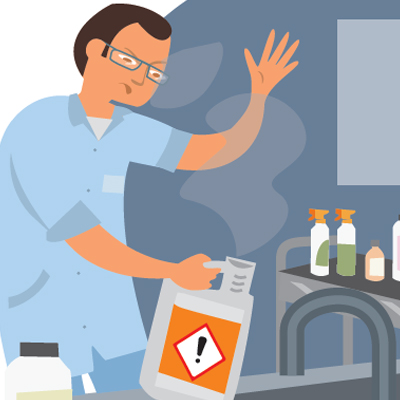 Repérez les produits chimiques (pictogrammes, fiches de données sécurité) et les médicaments