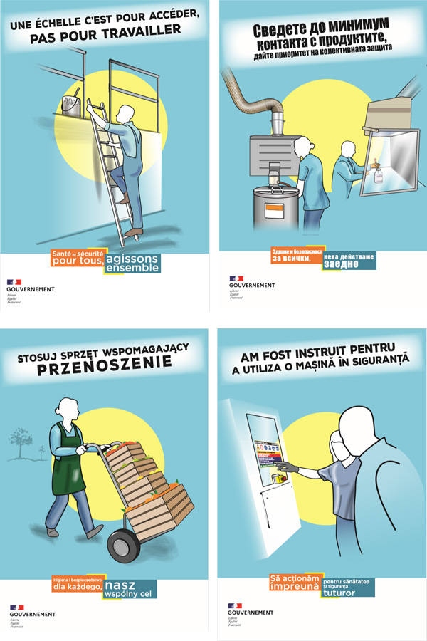 4 affiches de la campagne diffusée par le ministère du travail (en français, bulgare, polonais et roumain)